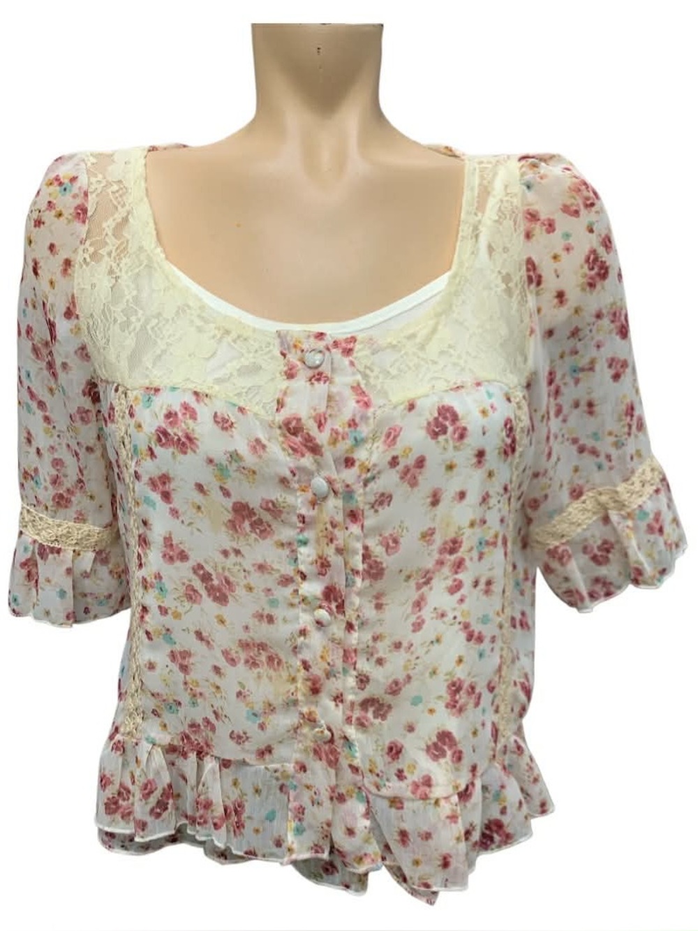 Floral Lace Peplum Blouse - Cream with Pink Rose Print Size XS